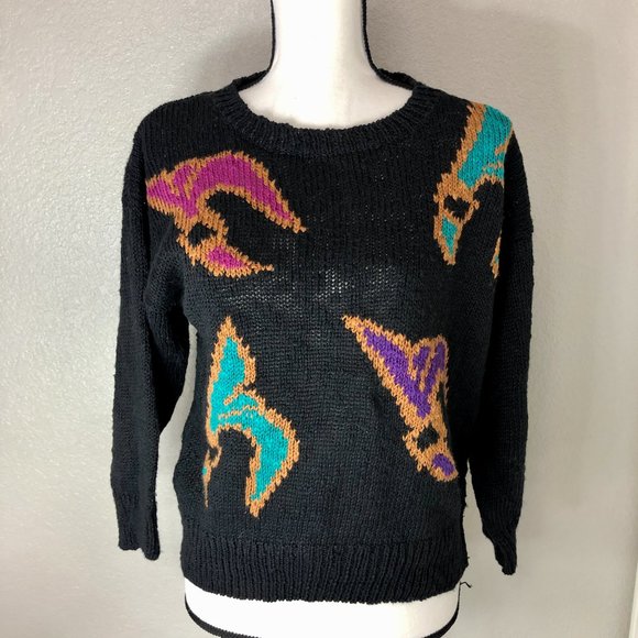 Funky 90s Black Sweater - Size Women's Large (L) - Picture 3 of 8